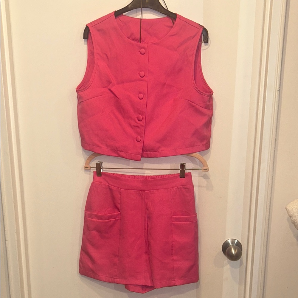 Pink Sleeveless Button-Up Top and Shorts Set